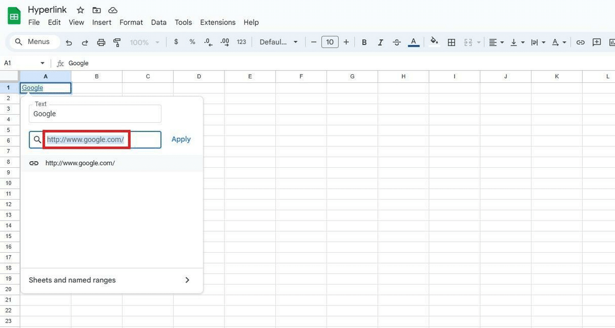 Where to apply the hyperlink in Google Sheets