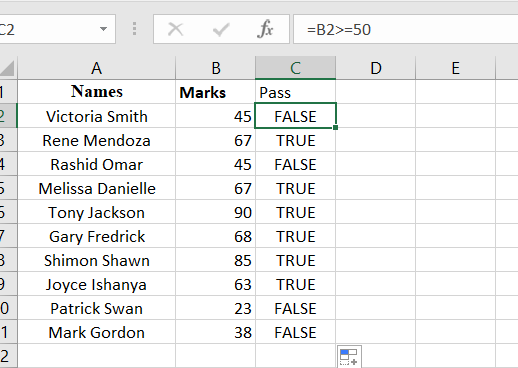 A finished set of data showing the grater thna or equal to results