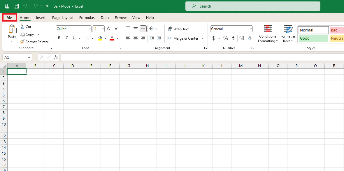 Excel dark mode—blank Excel sheet