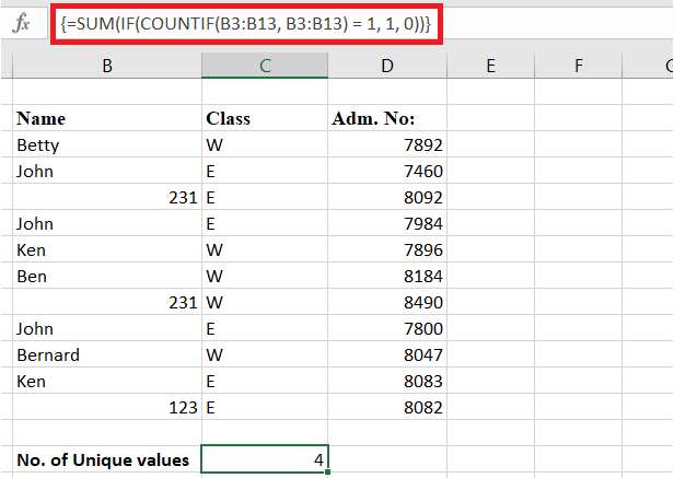 Results of using the countif function to count unique values