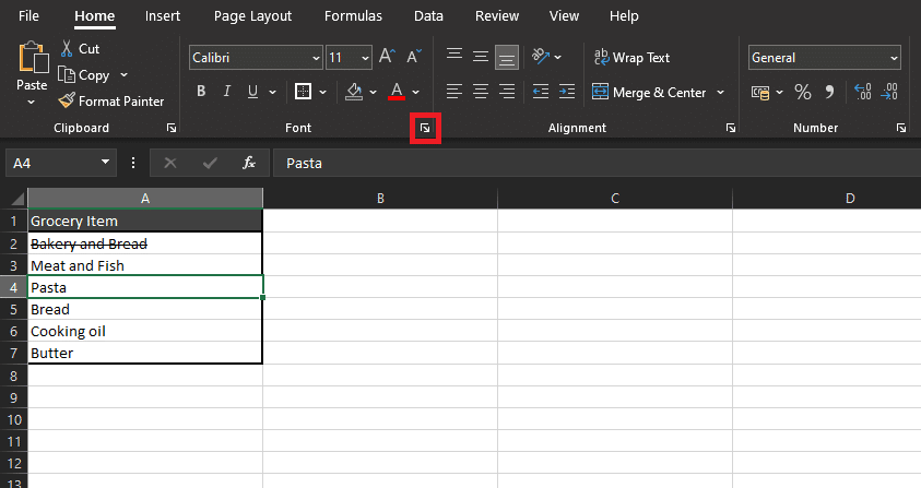 Strikethrough in Excel—example of text in a cell