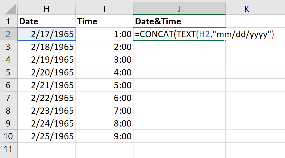 Input the CONCAT formula and the first text function.