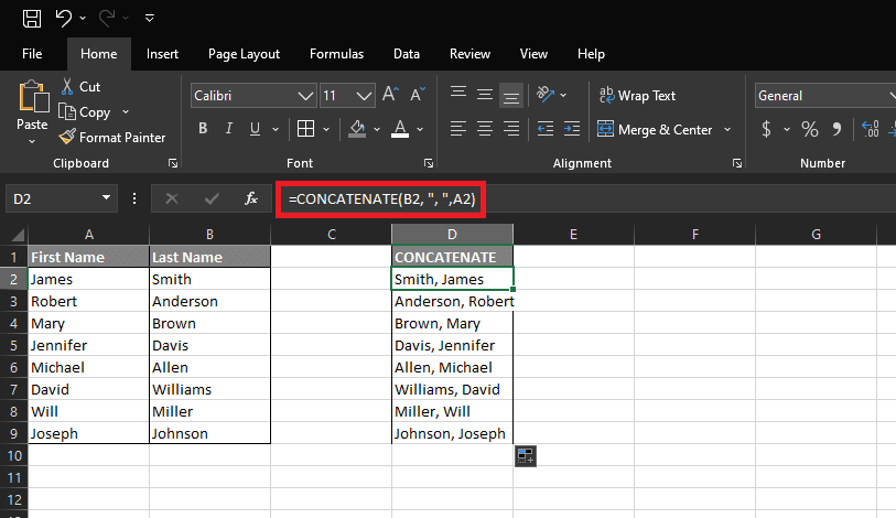 Use concatenate to combine cells in Excel