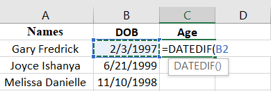 Select the cell with the date of birth.