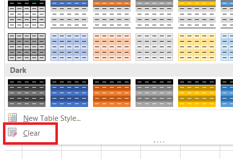 The Clear option on Excel to remove the table formatting.