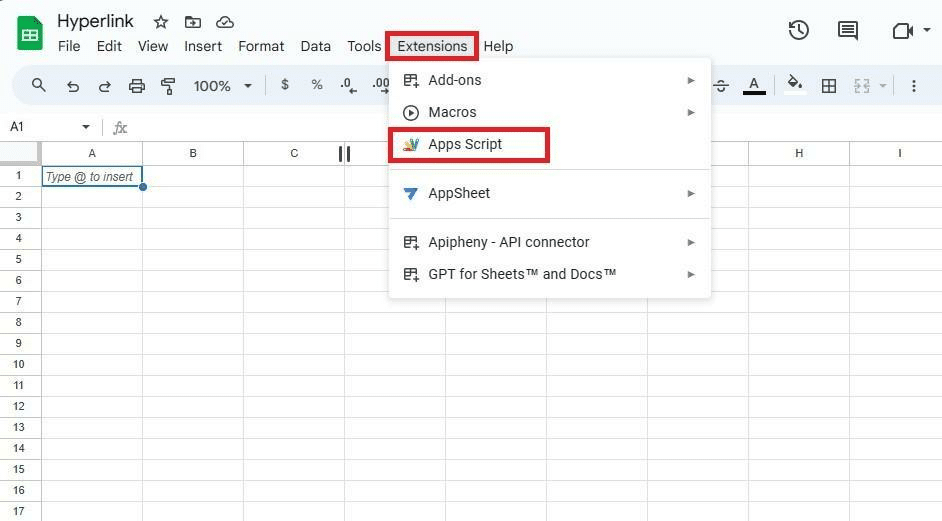 Extensions > Apps Script option in Google Sheets