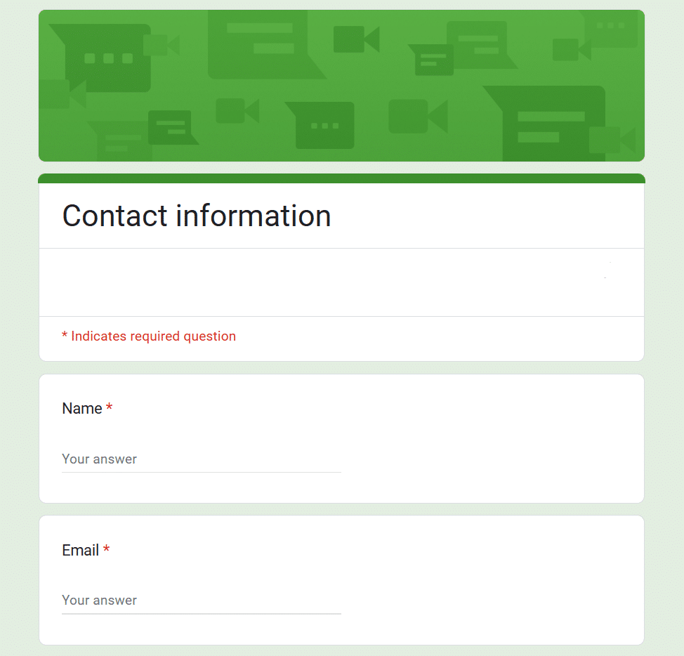 Preview of a contact information form