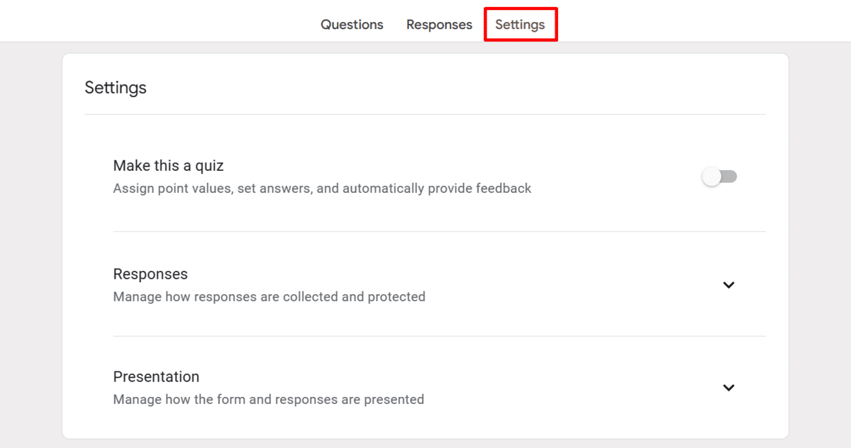 Google Form settings tab