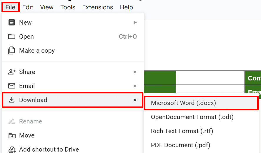 How to download a Google Doc as a word file