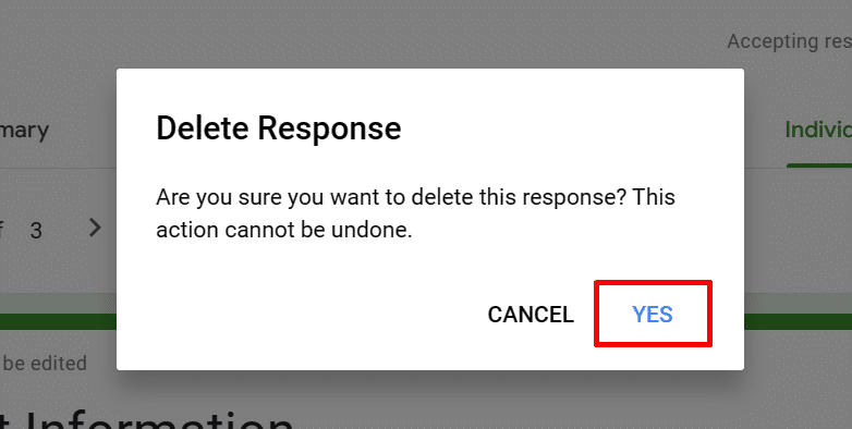 Confirmation to delete a form response