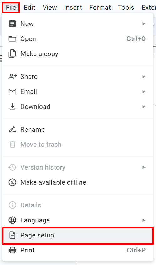 Where to find the page setup options in Google Docs