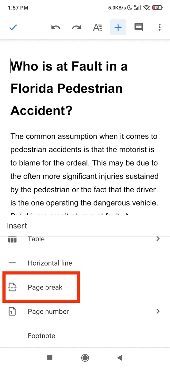 Where to find page break on Google Docs mobile