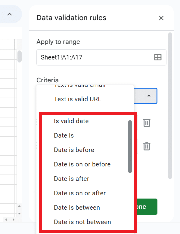 Data validation rules in Google Sheets