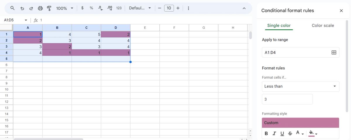 Single-Color Conditional Formatting Google Sheets