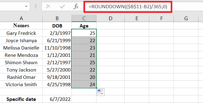 Example results from the completed formula