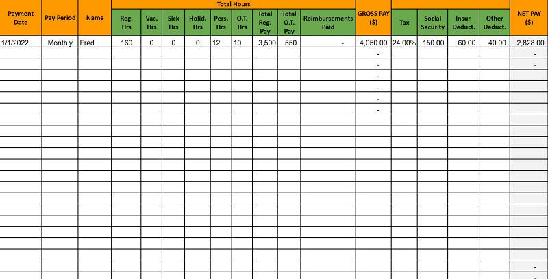 Payroll Google Sheets spreadsheet template screenshot