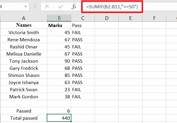 An example of a completed sumif function using the greater than or equal to operator