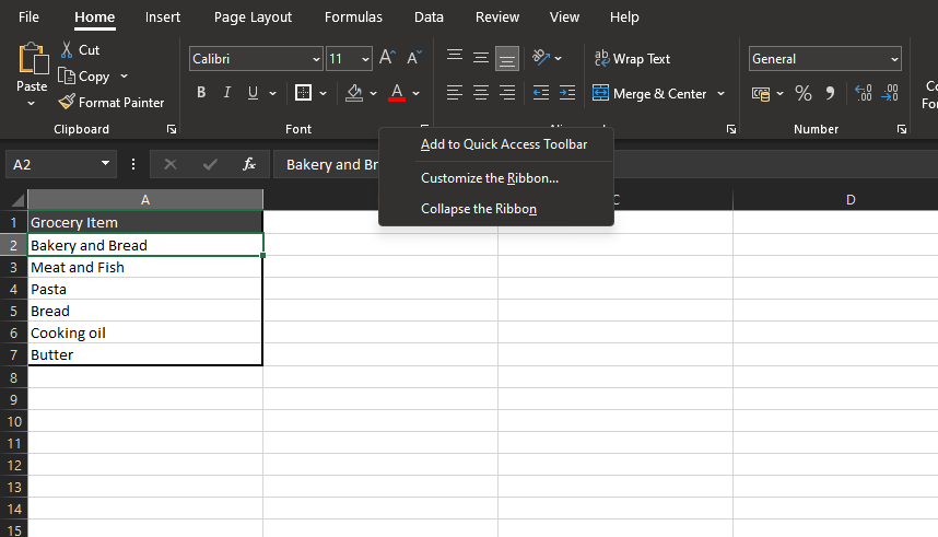 How to create a ribbon in Excel