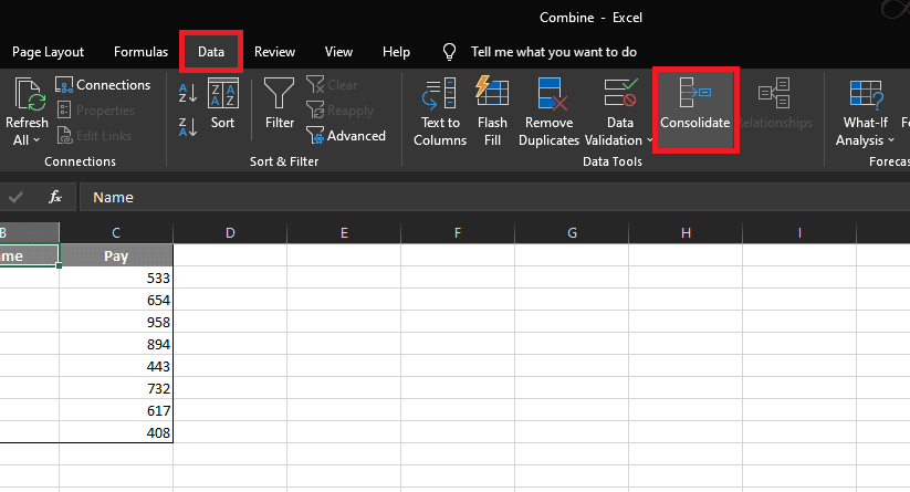 Go to Data then Consoidate to combine rows in Excel