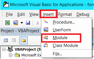 In the VBA window, click Insert > Module.