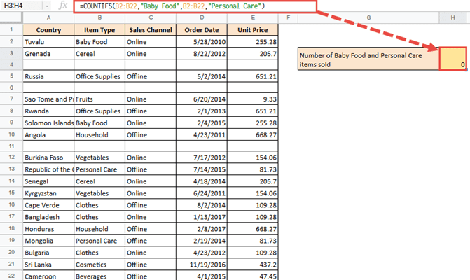 =COUNTIFS(B2:B22,"Baby Food",B2:B22,"Personal Care")