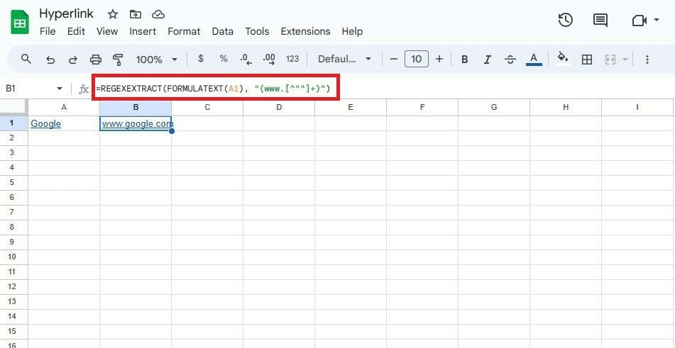 Example of using the FORMULATEXT and REGEXEXTRACT formulas in Google Sheets