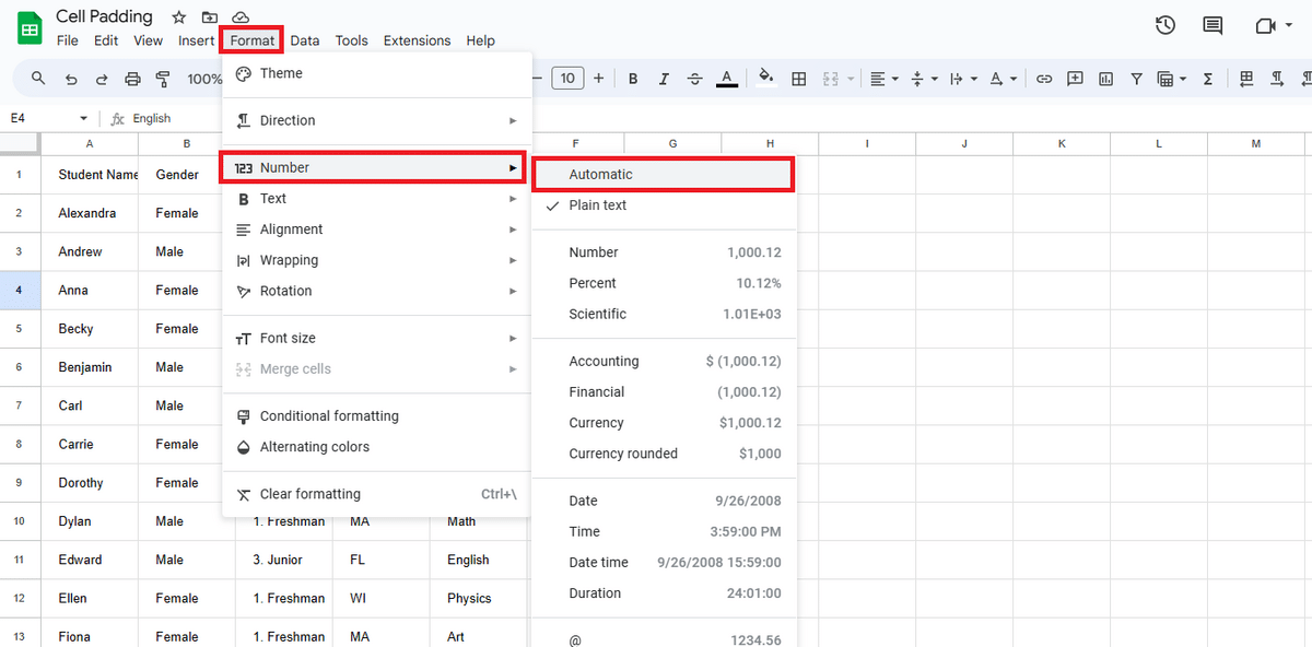 Format option—automatic function