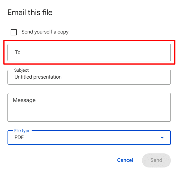 Where to add receiver in Google Slides "Email this file" window