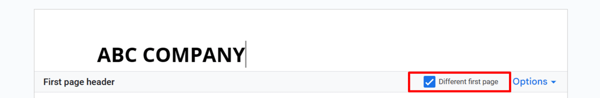 Where to find the different first page check box in Google Docs