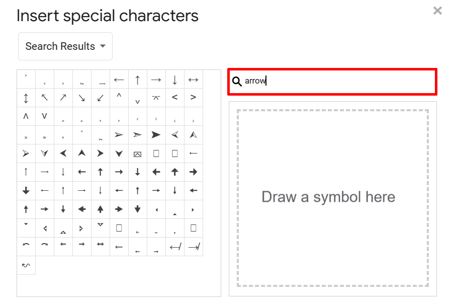 Searching for arrows in the "Insert special characters" panel