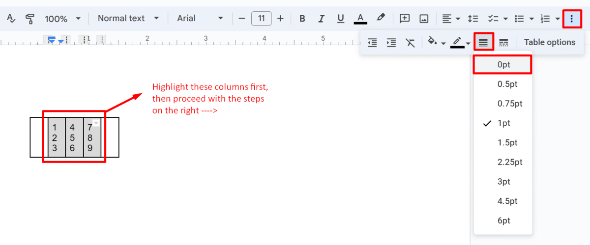 How to remove column borders in a table in Google Docs