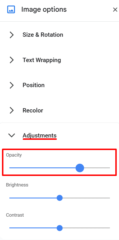 Adjusting image opacity in Google Docs