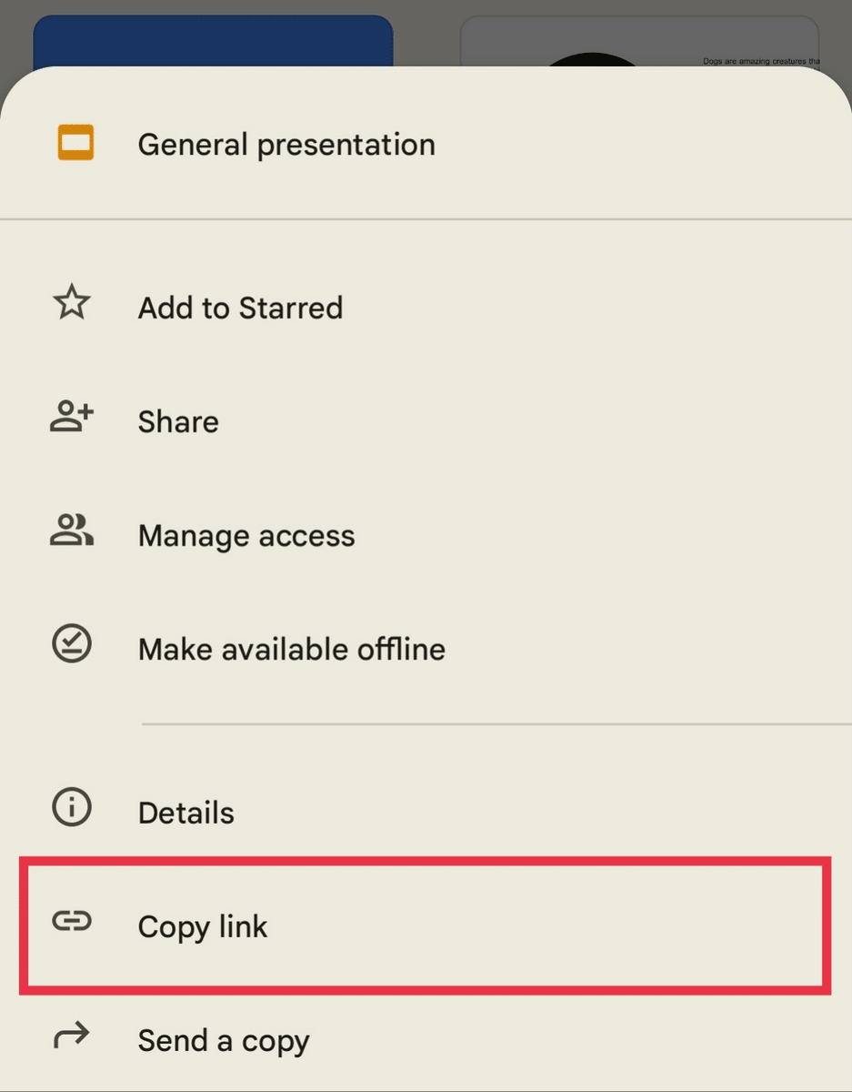 "Copy link" option for a Google Slides presentation