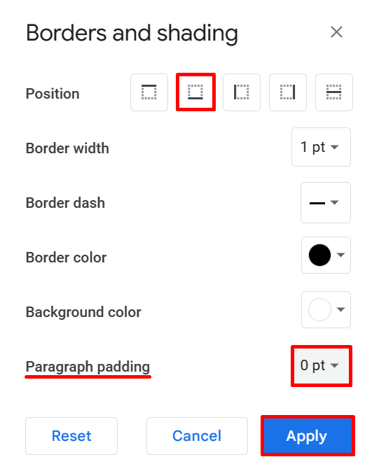 Border and shading settings in Google Docs