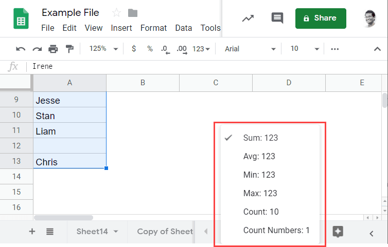 More Statistics value about the dataset in the taskbar