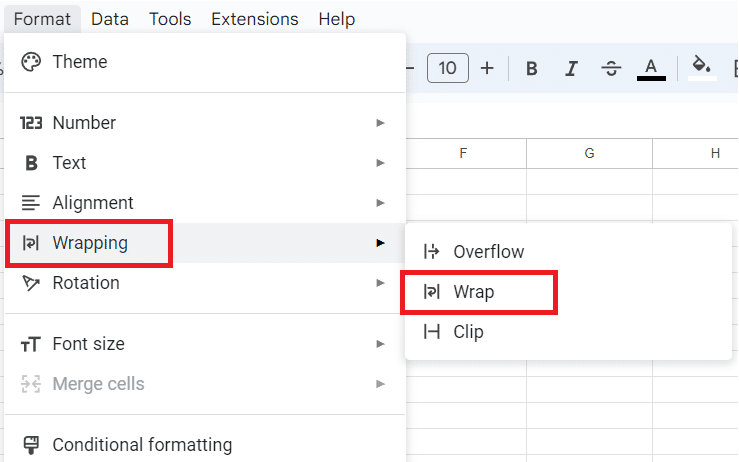 Wrapping option in Google Sheets