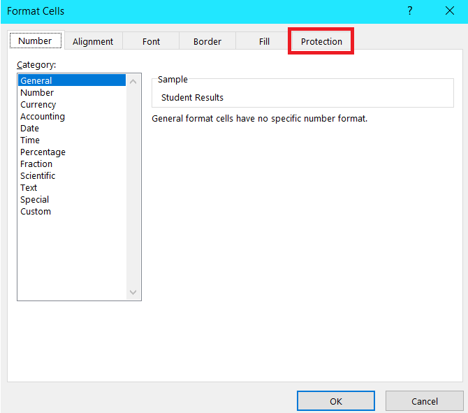 Click on the Protection tab at the right of the format cells menu