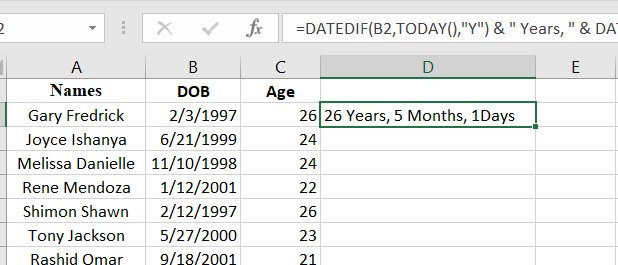 Example results from the full formula for years months and days