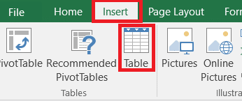 Insert > Table in Excel ribbon