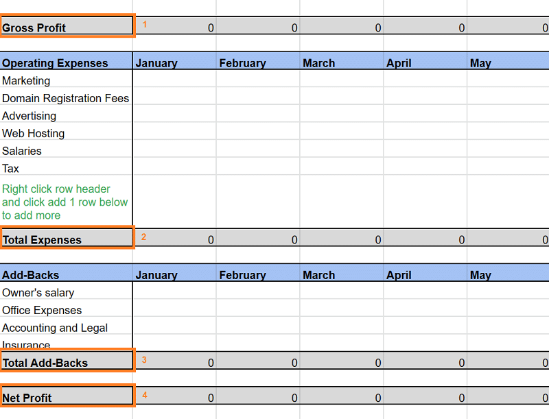 Net profit calculation in P&L Google Sheets