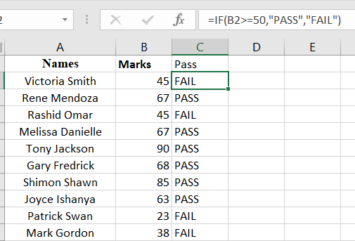 A completed data set using greater thna or equal to and the IF function