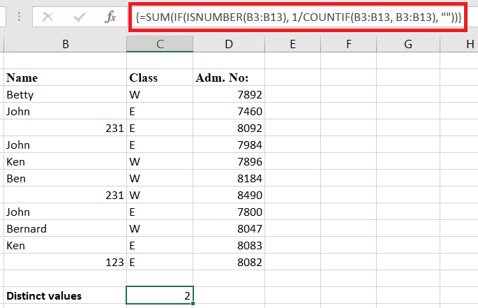 Results for counting distinct number values in Excel