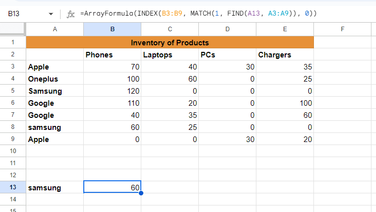 Example of the FIND formular with INDEX MATCH