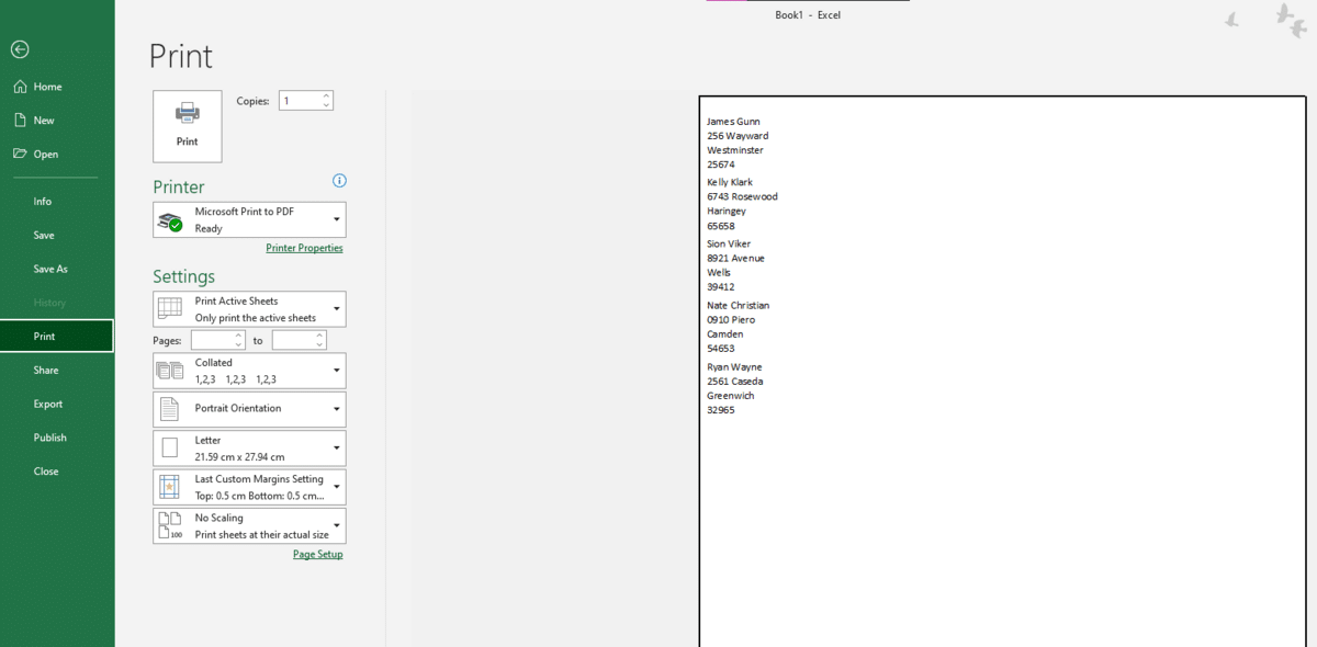 Example of the print layout in Excel