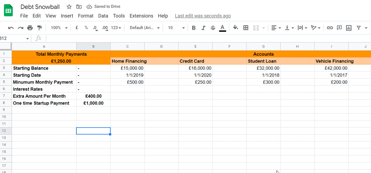 Example data in the debt snowball spreadsheet