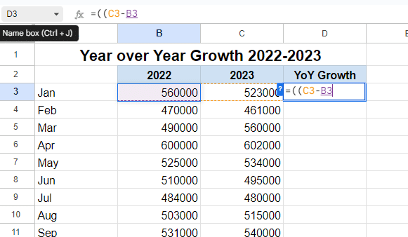 Add a minus sign and select the cell with the value for the previous year.