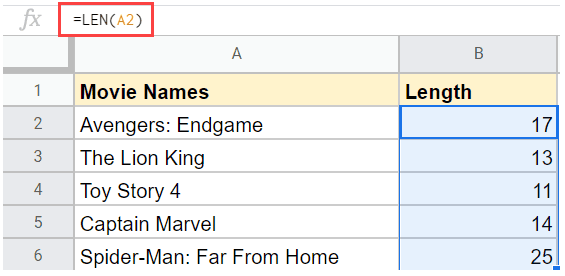 An example of LEN in Google Sheets