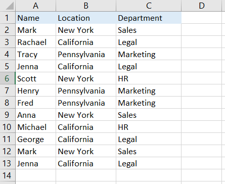 How to find duplicates in Excel—An example data set with names, locations and departments