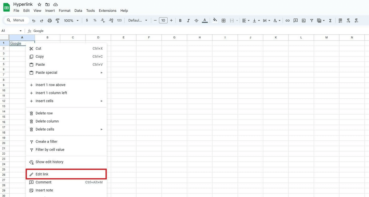 Extract a URL from a hyperlink in Google Sheets—Edit link option