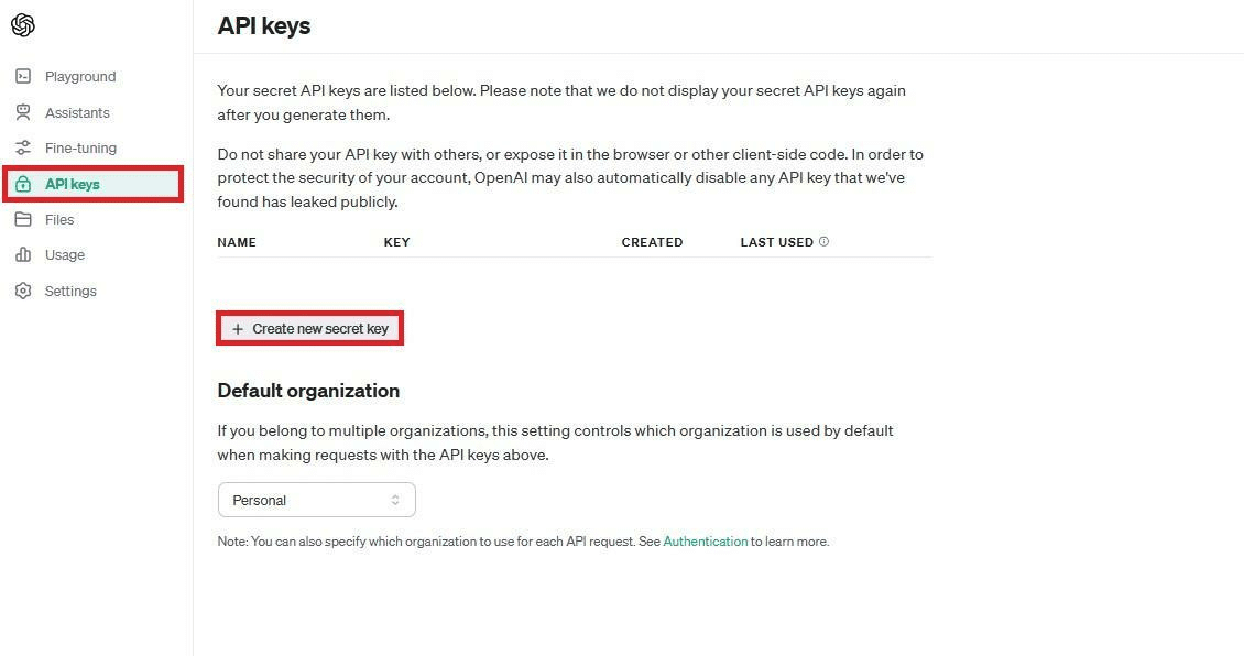 How to create a new API key for OpenAI